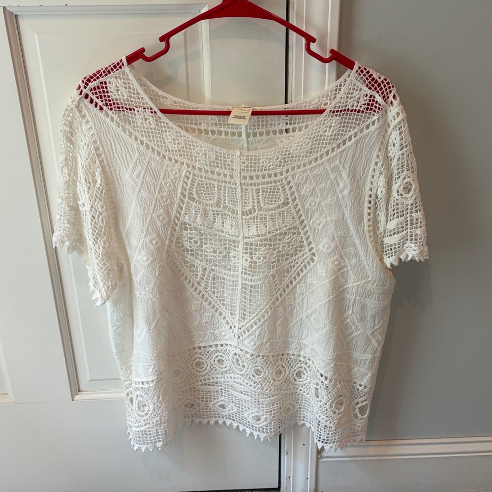 Ultra Pink White Crochet Lace Short Sleeve Blouse